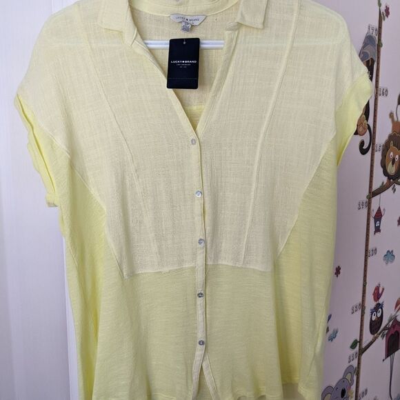 NEW Lucky Brand Woven Gauze Mixed Shirt  Short Sleeve lemon yellow small @i - Picture 4 of 15